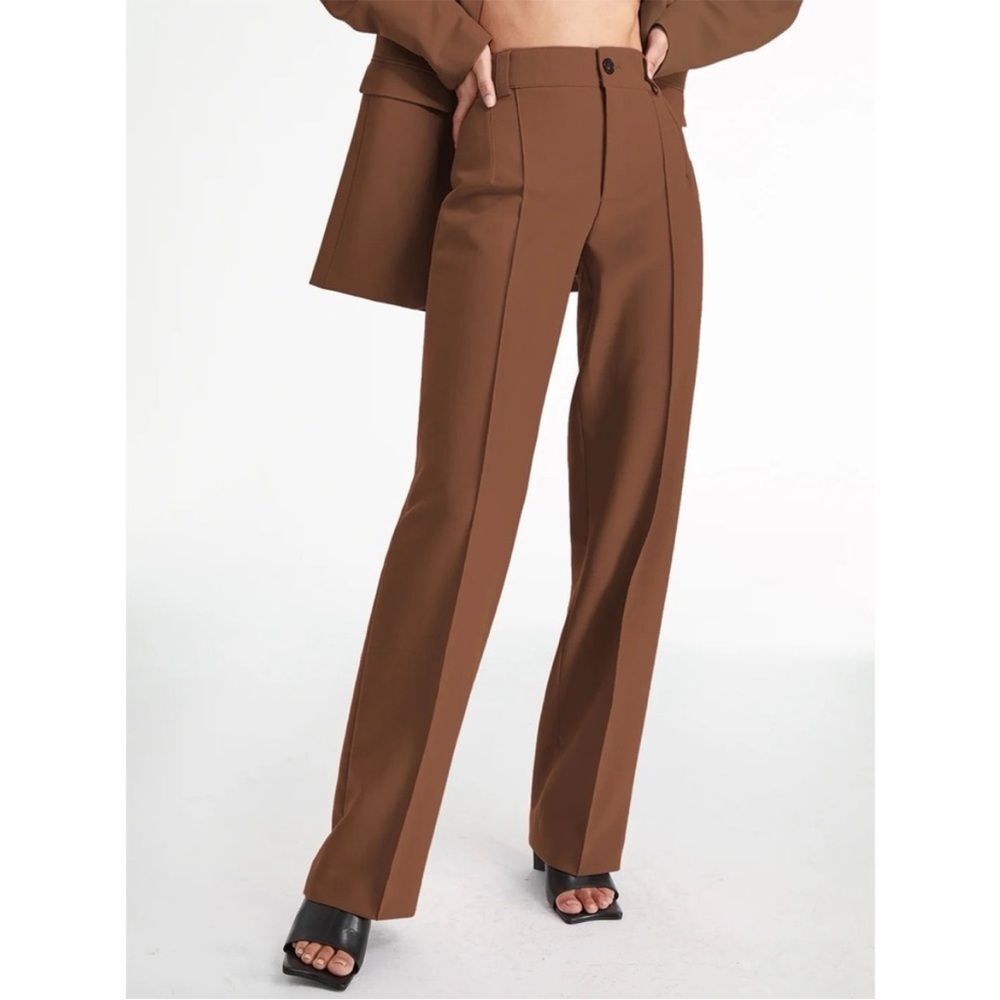 Commense Classic Brown High Waist Pleated Straight Leg Trousers Size Large
